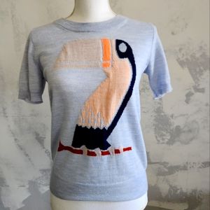 JCrew Light Blue Toucan Short Sleeve Merino Wool Sweater Size XS.